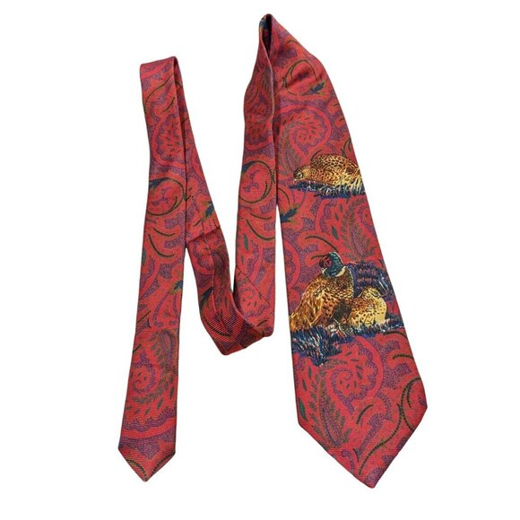 Vintage Lands End Mens Necktie Silk Pheasant Paisley Print Hand Made in USA - Picture 4 of 7